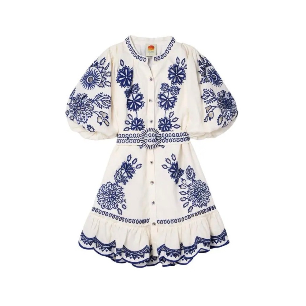 Farm Rio‎ Off-White Richelieu Embroidered Mini Dress Blue Floral Puff Sleeve L